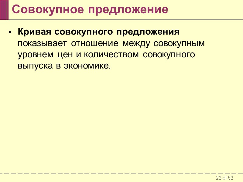 Кривая совокупного предложения  показывает отношение между совокупным уровнем цен и количеством совокупного выпуска
